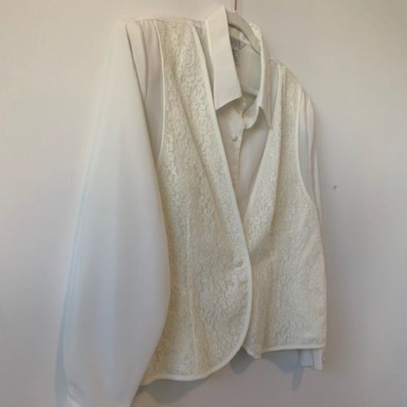 90s - Poly Blouse with Attached Lace Vest + Shoulder Pads - Picture 8 of 9